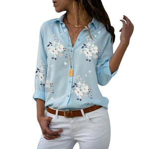 Plus Size Women's Summer Floral Long Sleeve Button V-Neck Shirts Ladies Casual