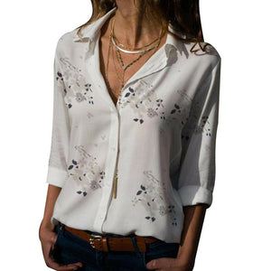 Plus Size Women's Summer Floral Long Sleeve Button V-Neck Shirts Ladies Casual