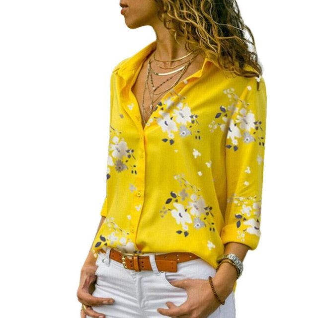 Plus Size Women's Summer Floral Long Sleeve Button V-Neck Shirts Ladies Casual