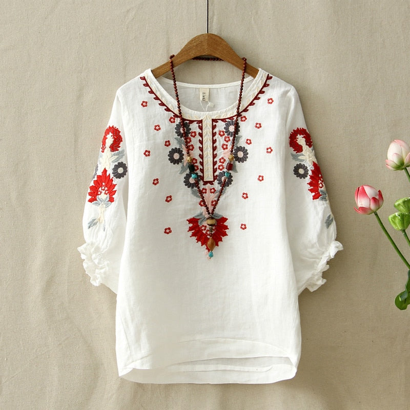 Ethnic Vintage White Floral Embroidered Blouses For Women Loose Half Lantern Sleeve