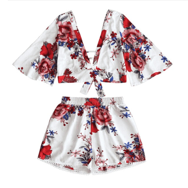 Women Two Piece Set Botanical Print Summer Beachwear