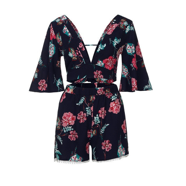 Women Two Piece Set Botanical Print Summer Beachwear