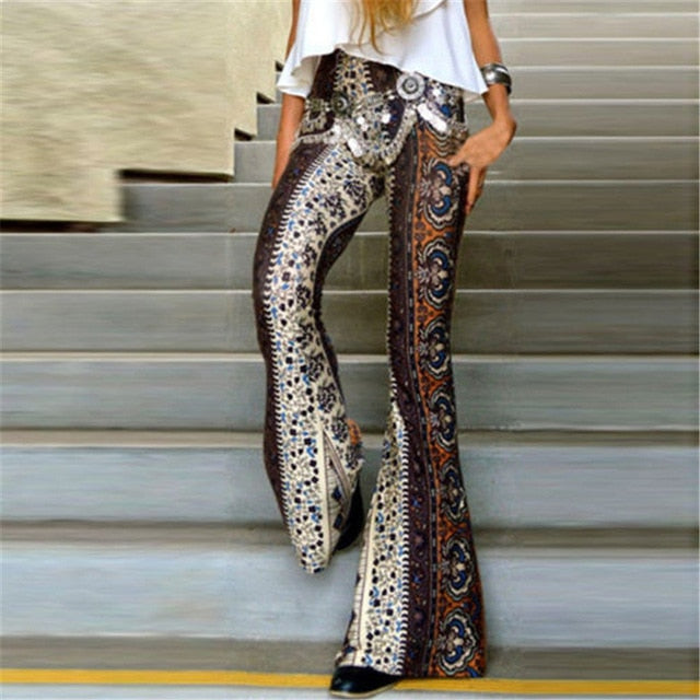 New 2019 Women Slim Boho Hippie High Waist Wide Leg Bell Bottom Pants