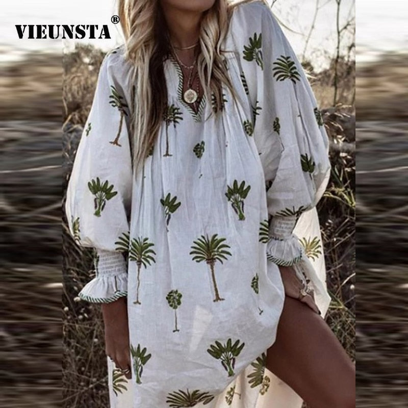 VIEUNSTA 2019 Women Casual Lantern Long Sleeve Mini Dress Summer Sexy V-neck Floral Print