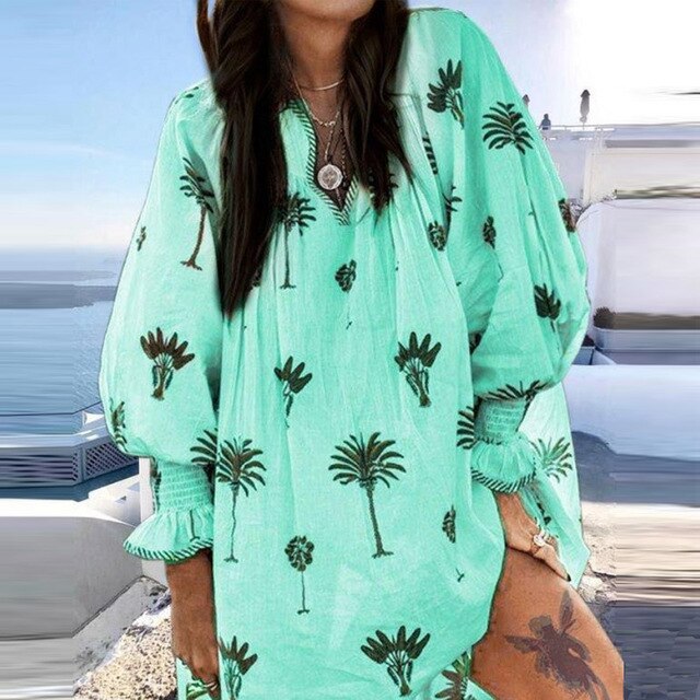 VIEUNSTA 2019 Women Casual Lantern Long Sleeve Mini Dress Summer Sexy V-neck Floral Print