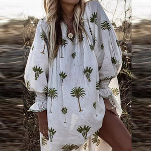 VIEUNSTA 2019 Women Casual Lantern Long Sleeve Mini Dress Summer Sexy V-neck Floral Print