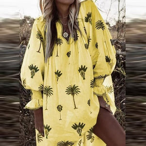 VIEUNSTA 2019 Women Casual Lantern Long Sleeve Mini Dress Summer Sexy V-neck Floral Print