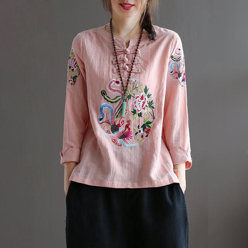 Chinese Ethnic Embroidery Blouse Women 3/4 Sleeve Loose Summer Tops