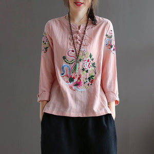 Chinese Ethnic Embroidery Blouse Women 3/4 Sleeve Loose Summer Tops