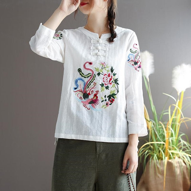 Chinese Ethnic Embroidery Blouse Women 3/4 Sleeve Loose Summer Tops