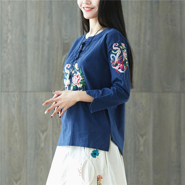 Chinese Ethnic Embroidery Blouse Women 3/4 Sleeve Loose Summer Tops