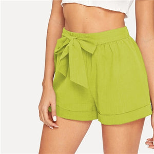 SHEIN Self Belted Elastic Waist Shorts  Army Green Solid Mid Waist  2019 Fashion