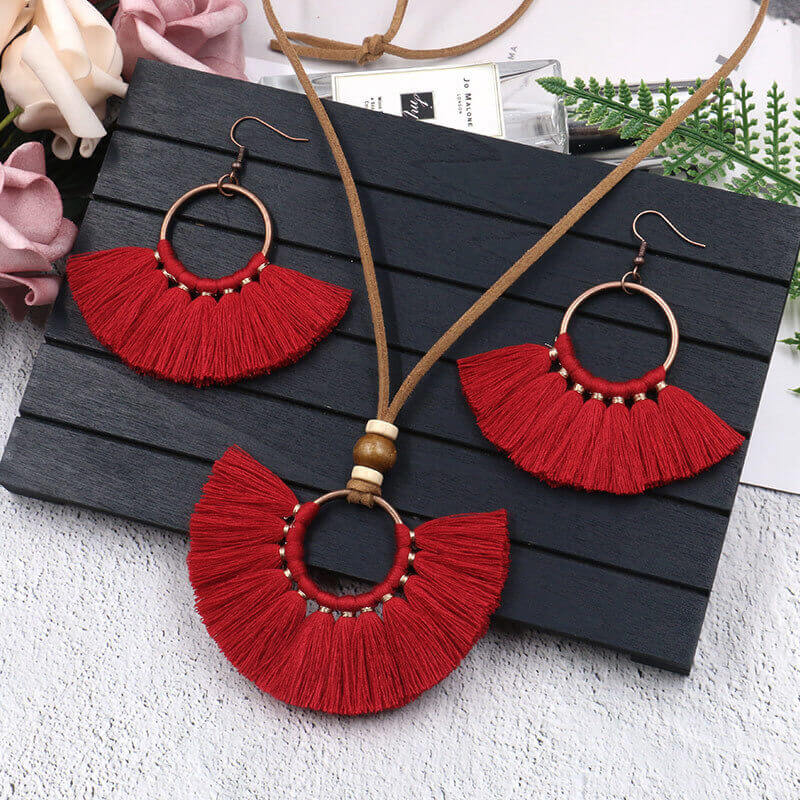 Bohemian Big Long Tassel Pendant Necklace Fringe Earrings Red Blue Jewelry Set For Women