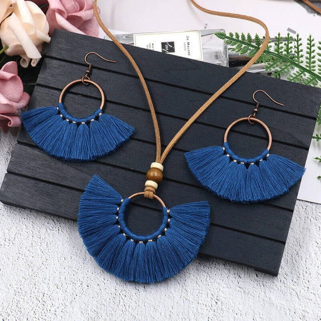 Bohemian Big Long Tassel Pendant Necklace Fringe Earrings Red Blue Jewelry Set For Women