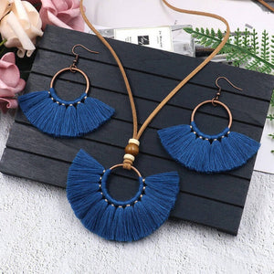 Bohemian Big Long Tassel Pendant Necklace Fringe Earrings Red Blue Jewelry Set For Women