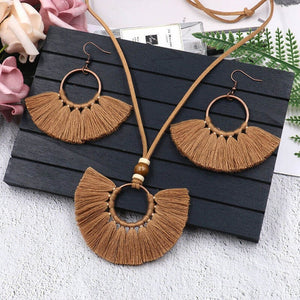 Bohemian Big Long Tassel Pendant Necklace Fringe Earrings Red Blue Jewelry Set For Women