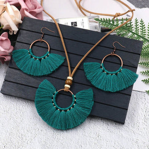 Bohemian Big Long Tassel Pendant Necklace Fringe Earrings Red Blue Jewelry Set For Women