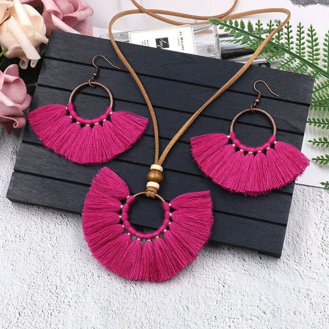 Bohemian Big Long Tassel Pendant Necklace Fringe Earrings Red Blue Jewelry Set For Women